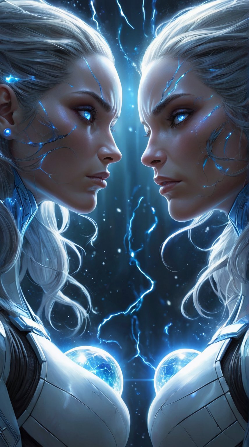 Imagine Gemini as an X-Men mutant with the ability of duplication and telepathy. The close-up portrait features a pair of identical mutants, each with an enigmatic expression, mirroring each other perfectly. Their eyes glow with a soft blue light, indicating their telepathic link. One holds a sphere of ethereal energy, while the other gestures as if controlling invisible forces. The background is a whirlwind of shimmering lights and ethereal particles, symbolizing their psychic abilities. Glowing particles and subtle reflections surround them, adding depth and intrigue to their synchronized powers.