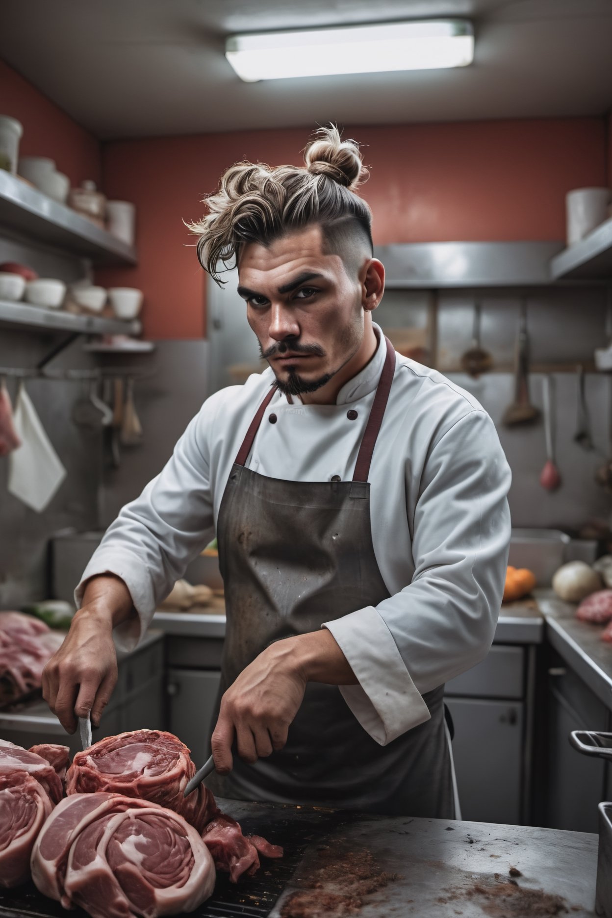 art by Eduard Cortes,  Striking Male Butcher,  Messy bun hair by kg_09 ✔️ on Tensor.Art