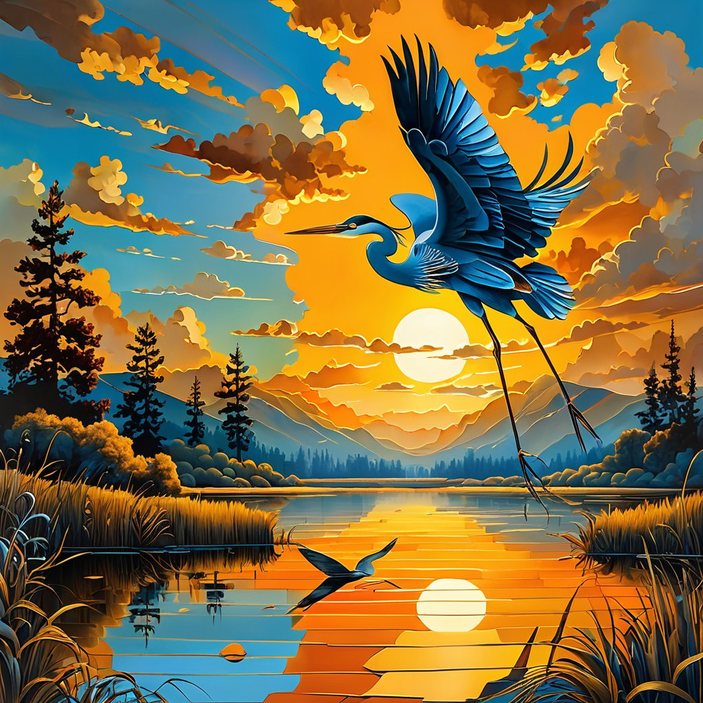 extreme Long Shot, masterpiece, intricate detail, best quality, absurd resolution, 
This fantastical oil painting depicts a single heron at a tranquil lake at sunset with clouds casting shadows across the sky. The setting sun bathes the scene in a warm golden light creating an ethereal atmosphere. The herons feathers are painted with incredible detail each individual scale visible under the artist's skilled hand. The clouds in the background are depicted in a gradient of colors from soft yellow and oranges to deep blues and gold adding to the dreamlike quality of the scene. The overall style is reminiscent of fantasy art with a focus on intricate details and a sense of wonder. The image is a true masterpiece showcasing the artist's exceptional skill in capturing the beauty and majesty of nature in a surreal and imaginative way. dramatic light and colors, 
embossing, 2d, papercraft, sculpture