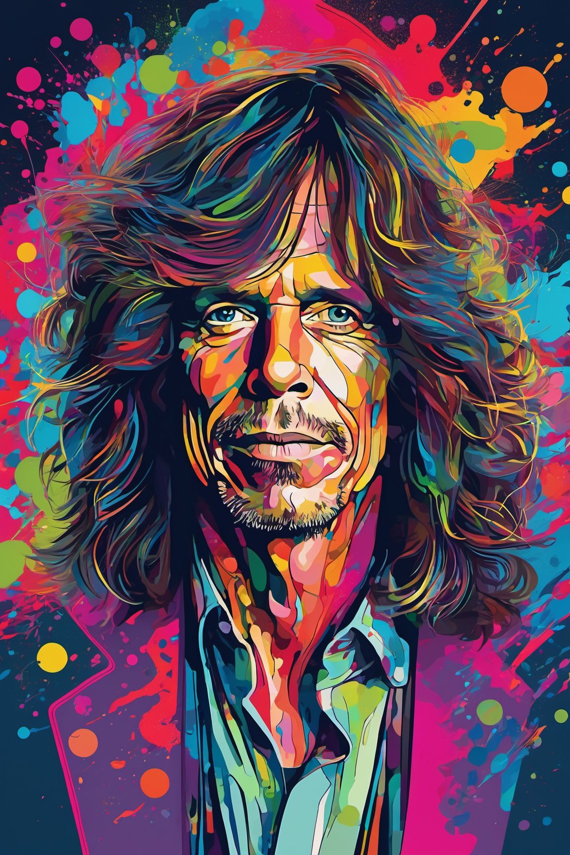 extreme quality, cg, detailed face+eyes, (bright colors), splashes of color background, colors mashing, paint splatter, complimentary colors, electric, neon, magical, (steven tyler), impatient, (limited palette), synththwave, masterpiece, fine art, upperbody, Leonardo Style, Movie Still, vector art, illustration,vector art illustration