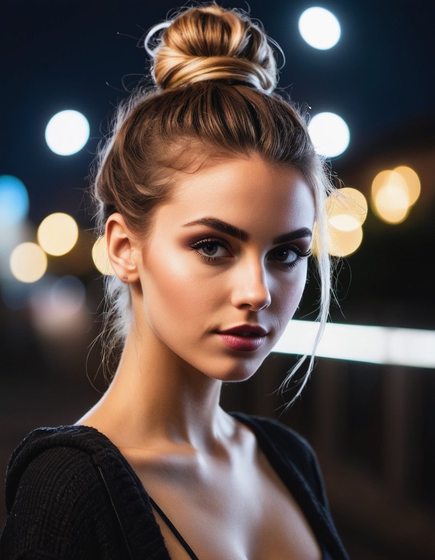 photo of a gorgeous girl,  messy bun hair,  nighttime by kg_09 ✔️ on Tensor.Art