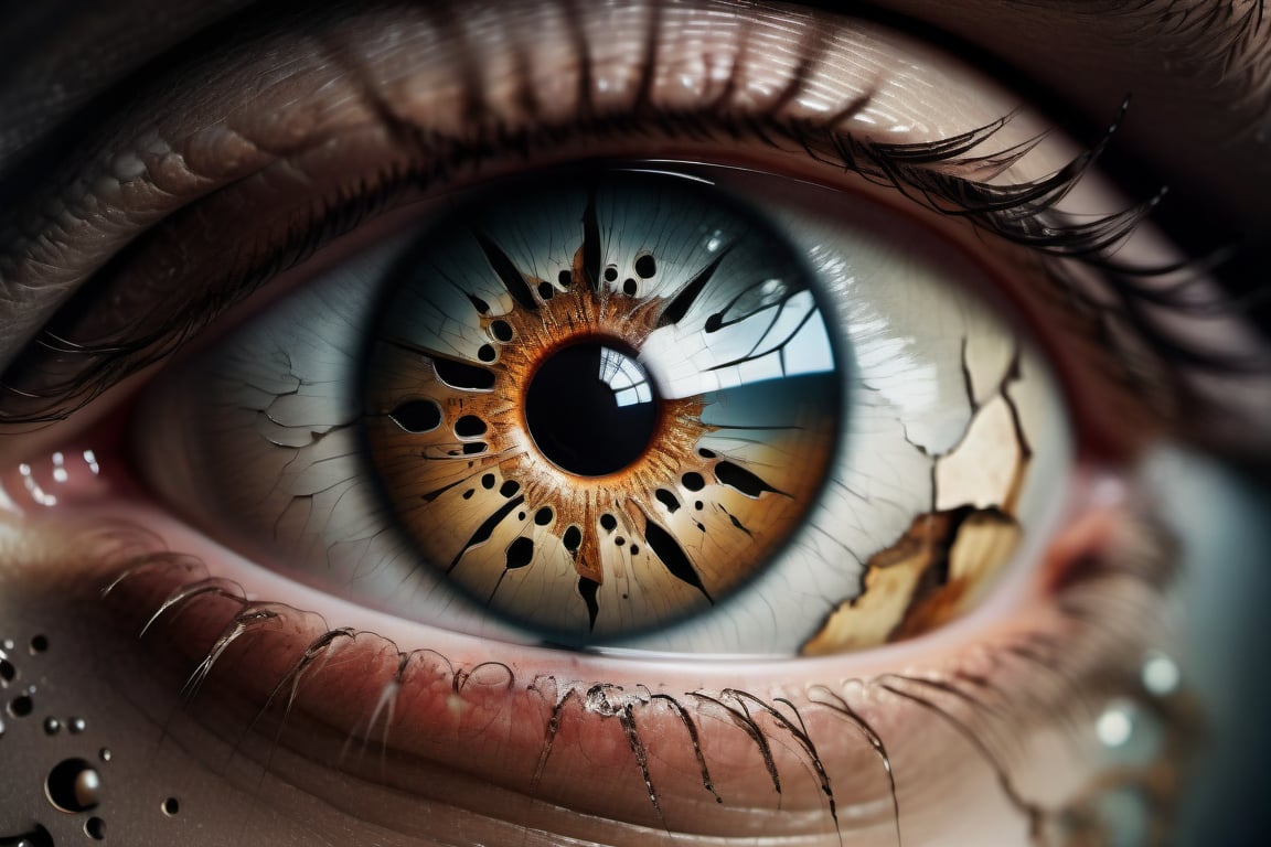 a masterpiece artistic photo close shot of ((a devastated world in the reflection of an eye intricate details)) by kg_09 ✔...
