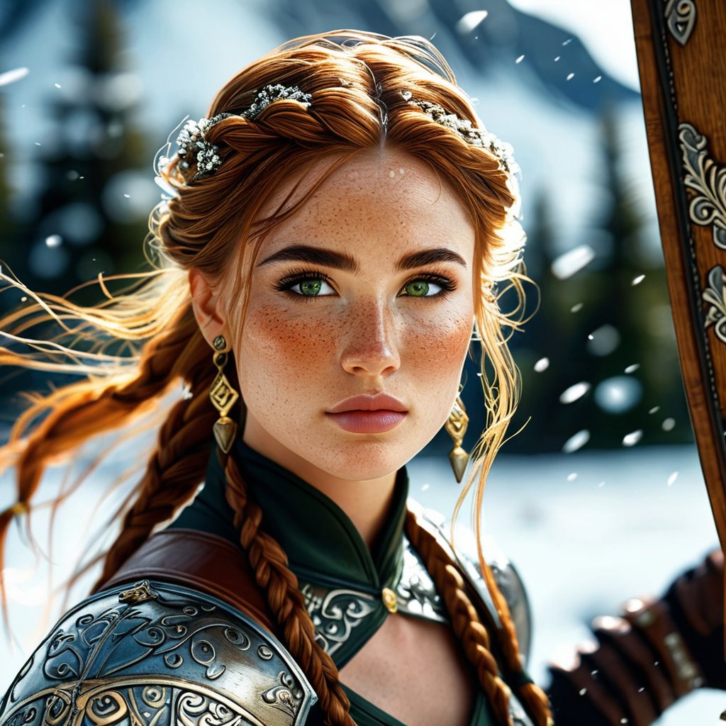 1girl, a beautiful shieldmaiden from Rohan before Edoras, (masterpiece, extremely detailed, professional photography), (beautiful detailed face, high cheek bones, pointy chin, slim face, beautiful green eyes), horse-shaped golden earrings, braided hair, (freckles, moles), standing on a green prairie with evergreen flowers, slender, fit, long eyelashes, black eyeshadow, eyeliner, focus on eyes, intricate detailed background, intricate fantasy cloths, stunningly pretty, hyper realistic details, cinematic lighting, cinematic quality, sharpen, fighting stance, scale mail, half helmet, round wooden shield, broadsword in hand, redhead, braids, leather armbands, snowed White Mountains can be seen far in the background, conysv3-1400, remarkable colors, ultra realistic, textured skin, remarkable detailed pupils, perfect symmetric eyes, realistic dull skin noise, visible skin detail, skin fuzz, dry skin, shallow depth of field, highly detailed, OverallDetail, gorgeous, eye catchlights, skin pores, imperfections, natural, dark mascara,eyeliner2