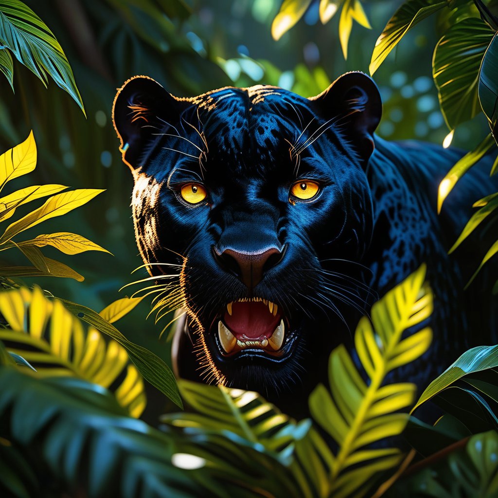 (cinematic lighting, extremely detailed, high detail, hires textures, incredibly detailed, intricate details, masterpiece, photorealism, true masterpiece,  Intricately designed, night dark), (jungle, lush plants), (black panther, hiding in leaves, glowing yellow eyes, open mouth, fangs, angry, drool)