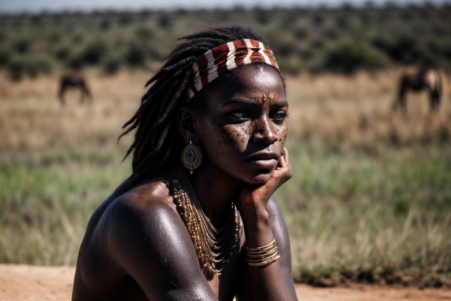 (masterpiece), beautiful eyes, (((dark_skin))), detailed eyes, (highly_detailed_skin):1.5)), ((sitting on ground, looking_away):1.2), open_legs, Freckles, beautiful face, (angry) native_african_girl with shaved_hair wearing ((native_clothes)) and (red_headband), detailed clothes, ornaments, earings, necklace, bracelets, (((upper arm jewellery))), scar on face, daytime, outdoors, dirty, rustic, african savanah, ceremonial spear on the ground, zebra roaming in background, perfecteyes