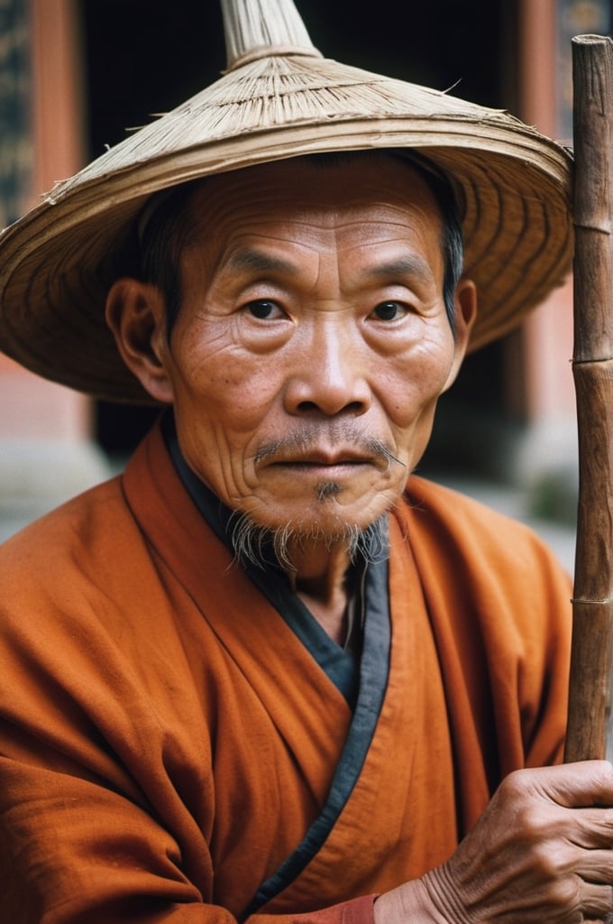 photograph close up portrait of aged chinese man holding a big Gnarled hand stick, Monastery, dark orange dress and a conical straw hat, looks wise and serious, detailed photograph shot on kodak, high depth of field,r4w photo
