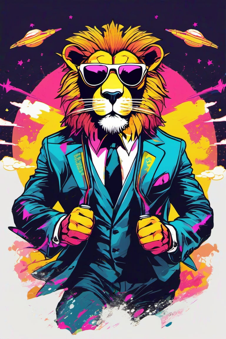 a gangster lion in a suit flying on a rocket, wearing aviator sunglassesa gangster lion, rocket, flying~*~neon punk~*~ in the style of Monet,vector art illustration