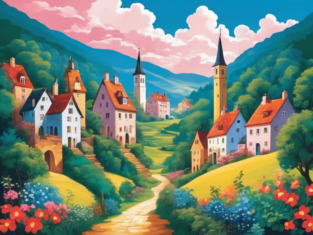 At the end of the valley is a village with towering towers and clouds in the sky by kg_09 ✔️ on Tensor.Art