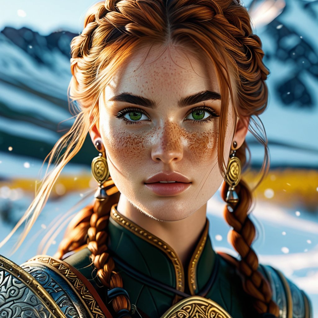 1girl, a beautiful shieldmaiden from Rohan before Edoras, (masterpiece, extremely detailed, professional photography), (beautiful detailed face, high cheek bones, pointy chin, slim face, beautiful green eyes), horse-shaped golden earrings, braided hair, (freckles, moles), standing on a green prairie with evergreen flowers, slender, fit, long eyelashes, black eyeshadow, eyeliner, focus on eyes, intricate detailed background, intricate fantasy cloths, stunningly pretty, hyper realistic details, cinematic lighting, cinematic quality, sharpen, fighting stance, scale mail, half helmet, round wooden shield, broadsword in hand, redhead, braids, leather armbands, snowed White Mountains can be seen far in the background, conysv3-1400, remarkable colors, ultra realistic, textured skin, remarkable detailed pupils, perfect symmetric eyes, realistic dull skin noise, visible skin detail, skin fuzz, dry skin, shallow depth of field, highly detailed, OverallDetail, gorgeous, eye catchlights, skin pores, imperfections, natural, dark mascara,eyeliner2