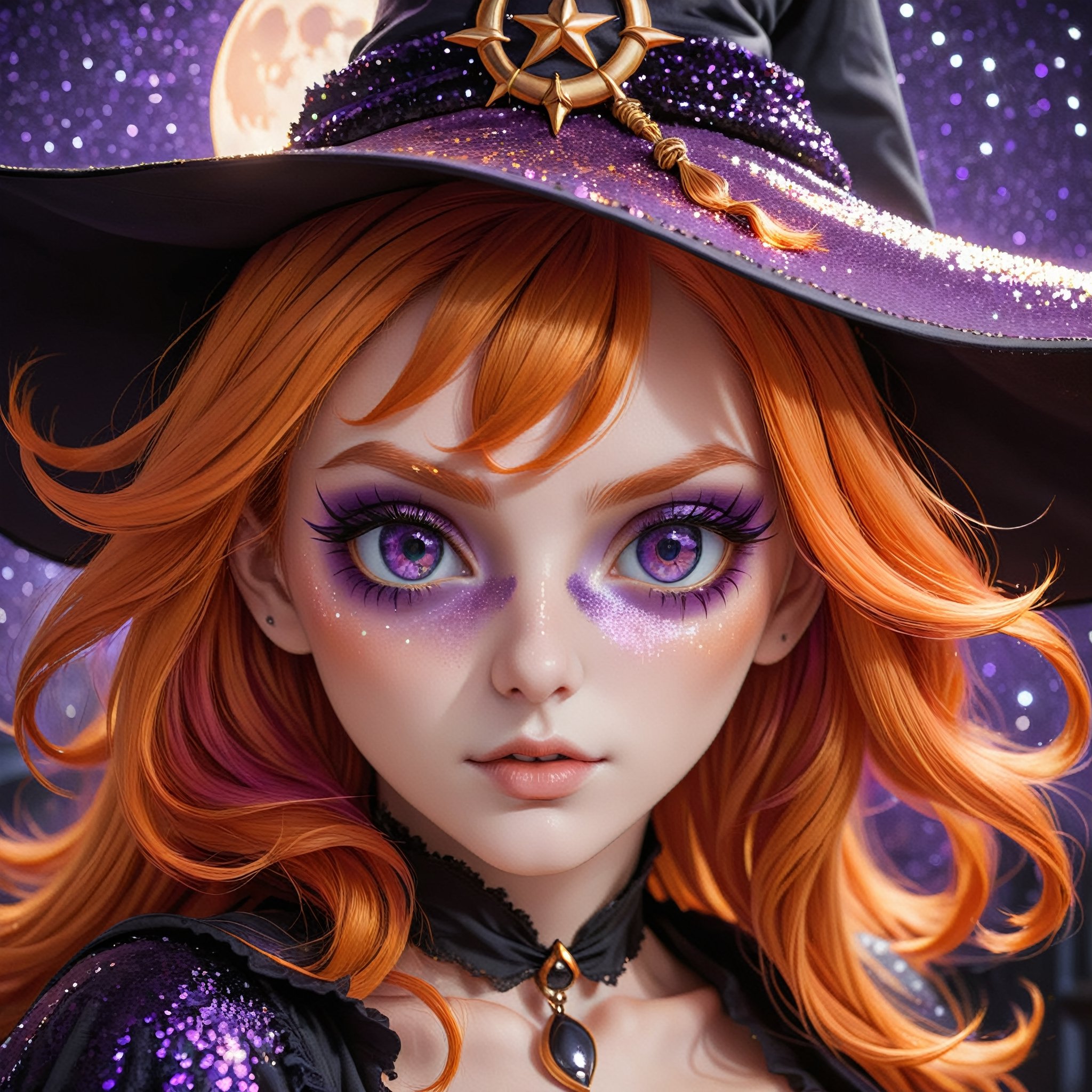 highres, ultra detailed, witch, orange hair, eyepatch, detailed eyes, pretty eyes, big hat, pretty, attractive, purple eyes,glitter,girl,hallow33n