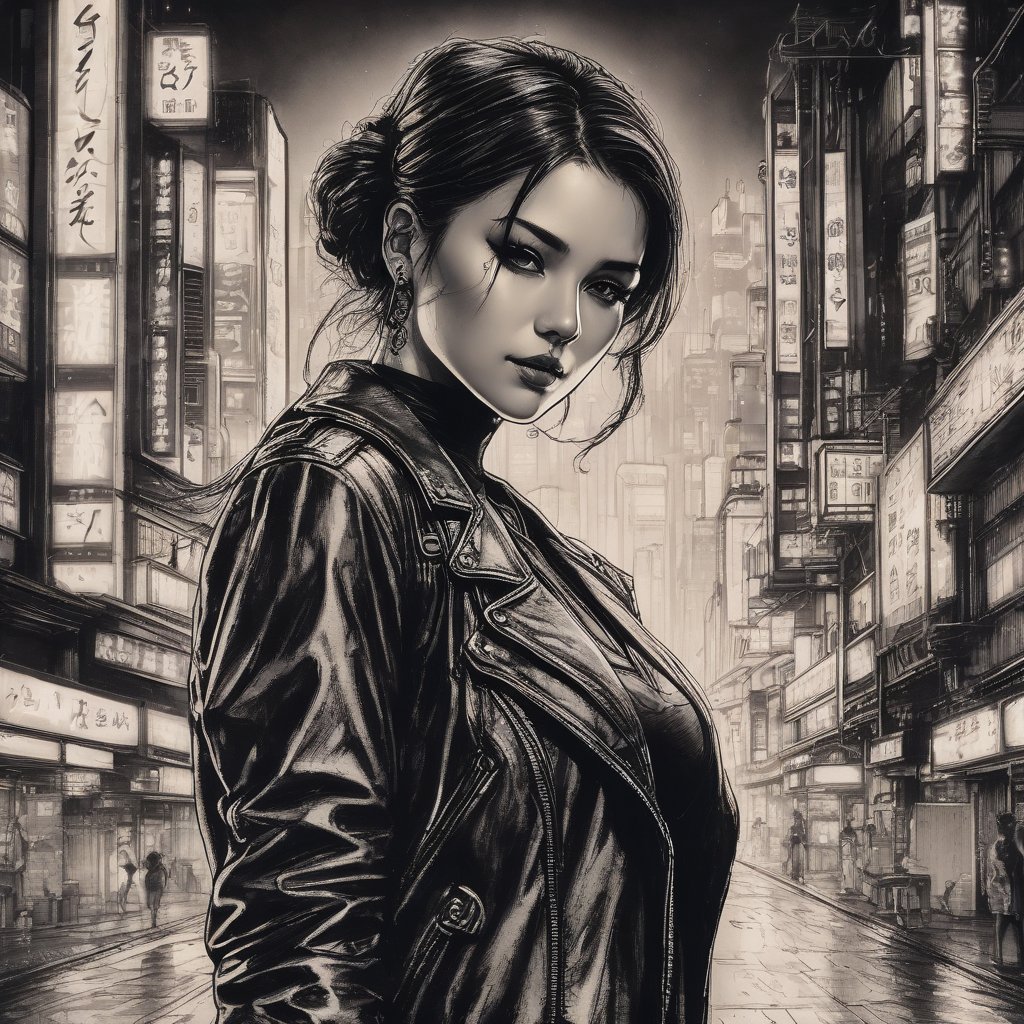 body drawing of a cyberpunk girl at midnight streets of tokyo in style of skrmk ,  dark theme ,  pen by kg_09 ✔️ on Tensor...