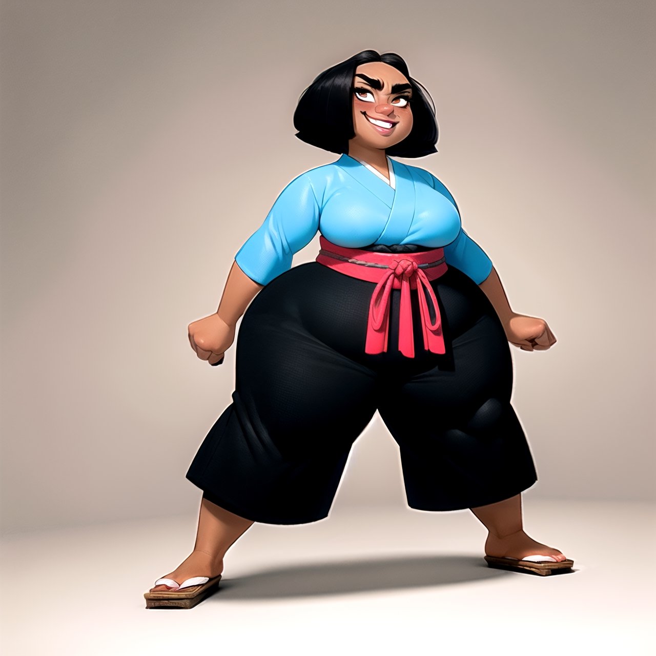 masterpiece, best quality, (mature female, plump, curvy figure, wide hips, thicc, large breasts), ((shortstack)), (short hair, tomboy), black hair, thick eyebrows, ((tan, dark skin)), martial artist, (((hip vent))), ((japanese clothes, baggy pants)), excited, smiling, blushing, ((fighting stance)), dynamic angle, illustration, ((ink)),