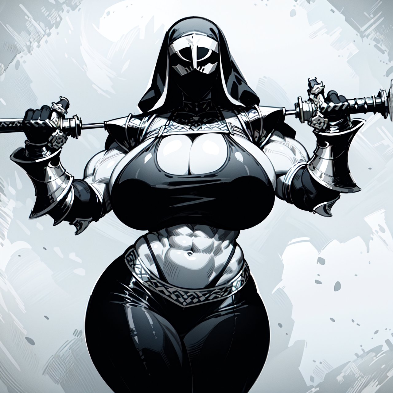 a fantasy nun, ((knight armor, pauldrons, vambraces, gauntlets)), revealing clothing, (milf, curvy figure, wide hips, gigantic breasts, thicc, musclular, biceps, abs), ((hidden face, covered face, bridal veil)), 2d fantasy ink illustration with an art nouveau background, EpicArt, (monochrome), milfication, contraposto, dynamic pose,