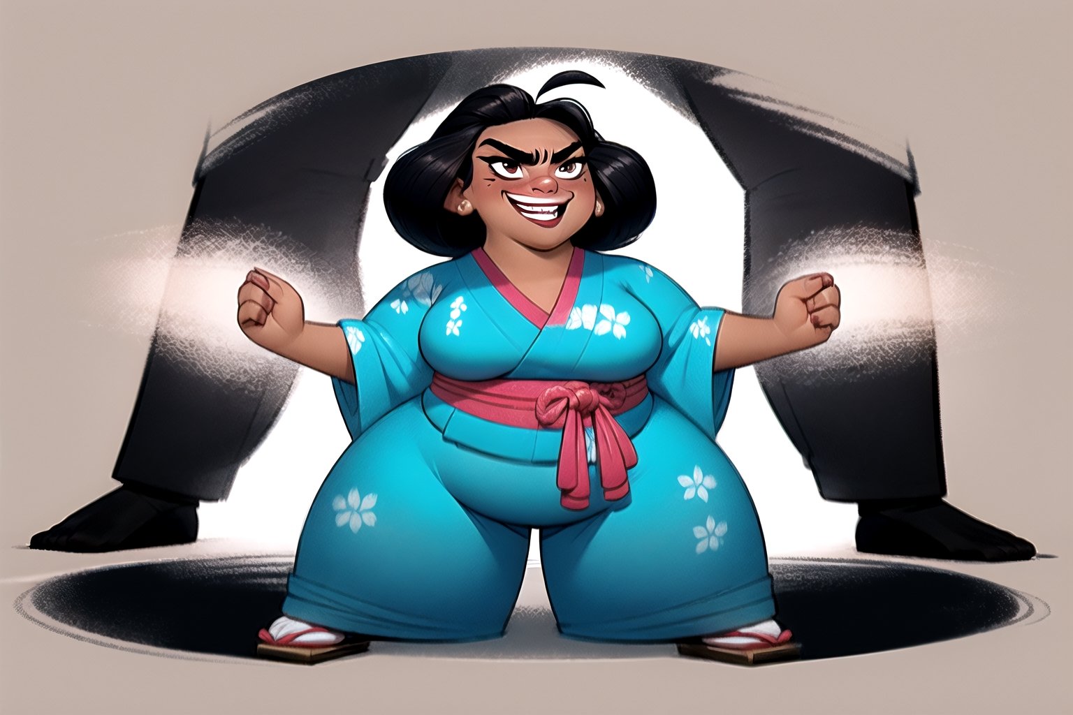 masterpiece, best quality, (mature female, plump, curvy figure, wide hips, thicc, large breasts), ((shortstack)), pretty face, (short hair, tomboy), black hair, thick eyebrows, ((tan, dark skin)), martial artist, (((hip vent))), ((japanese clothes, baggy pants)), excited, smiling, blushing, ((fighting stance)), dynamic angle, illustration, ((ink)),