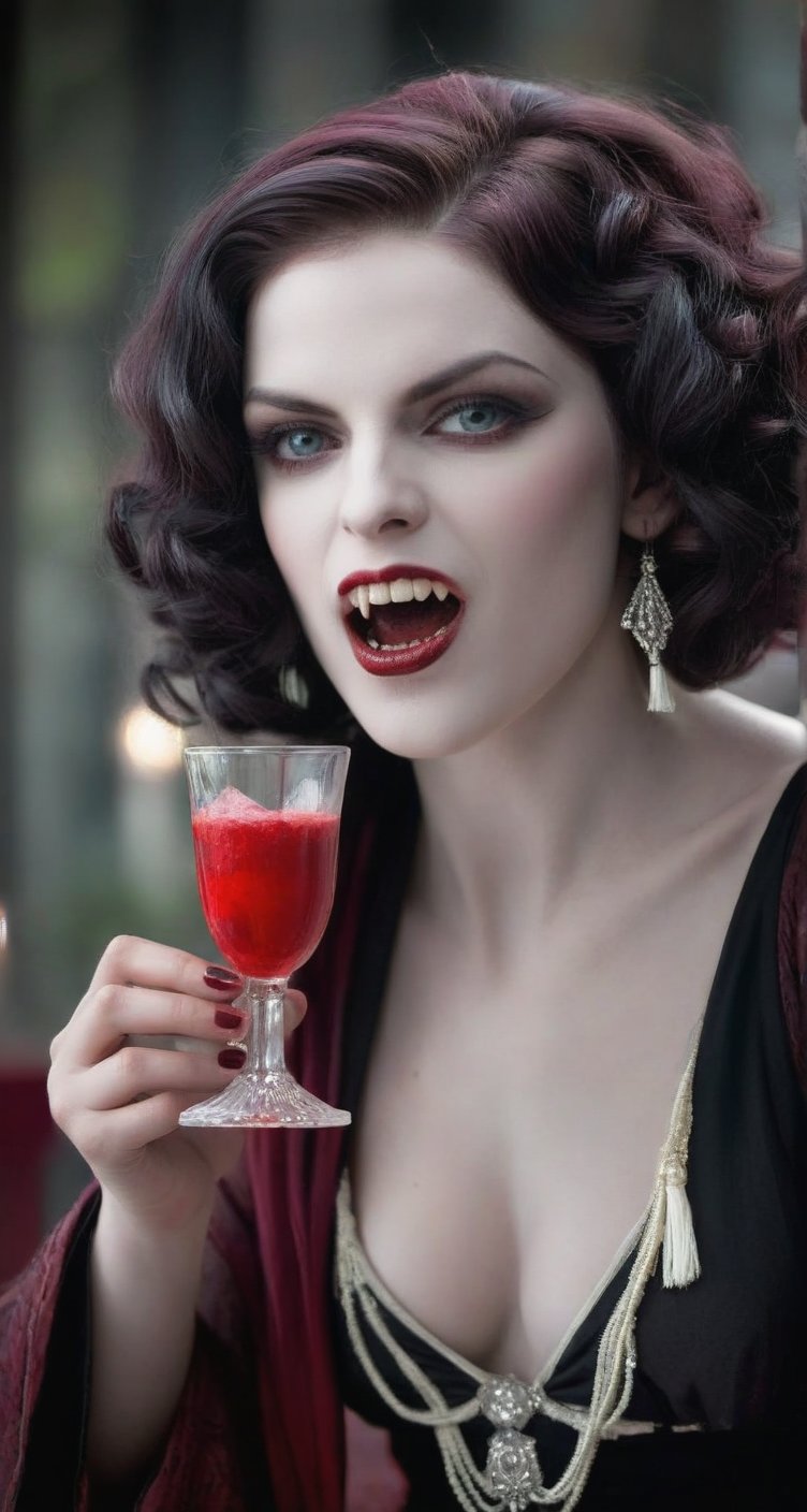 A young vampire woman from the 1920s, dressed party attire from that era with a provocative look. Her pale skin is juxtaposed by long, bloody fangs and crimson stains dripping down her chin, chest, and dress. She holds a goblet overflowing with a frothy beverage, her mysterious expression hinting at a dark secret. The image should be in black and white to better capture the look of the era.
