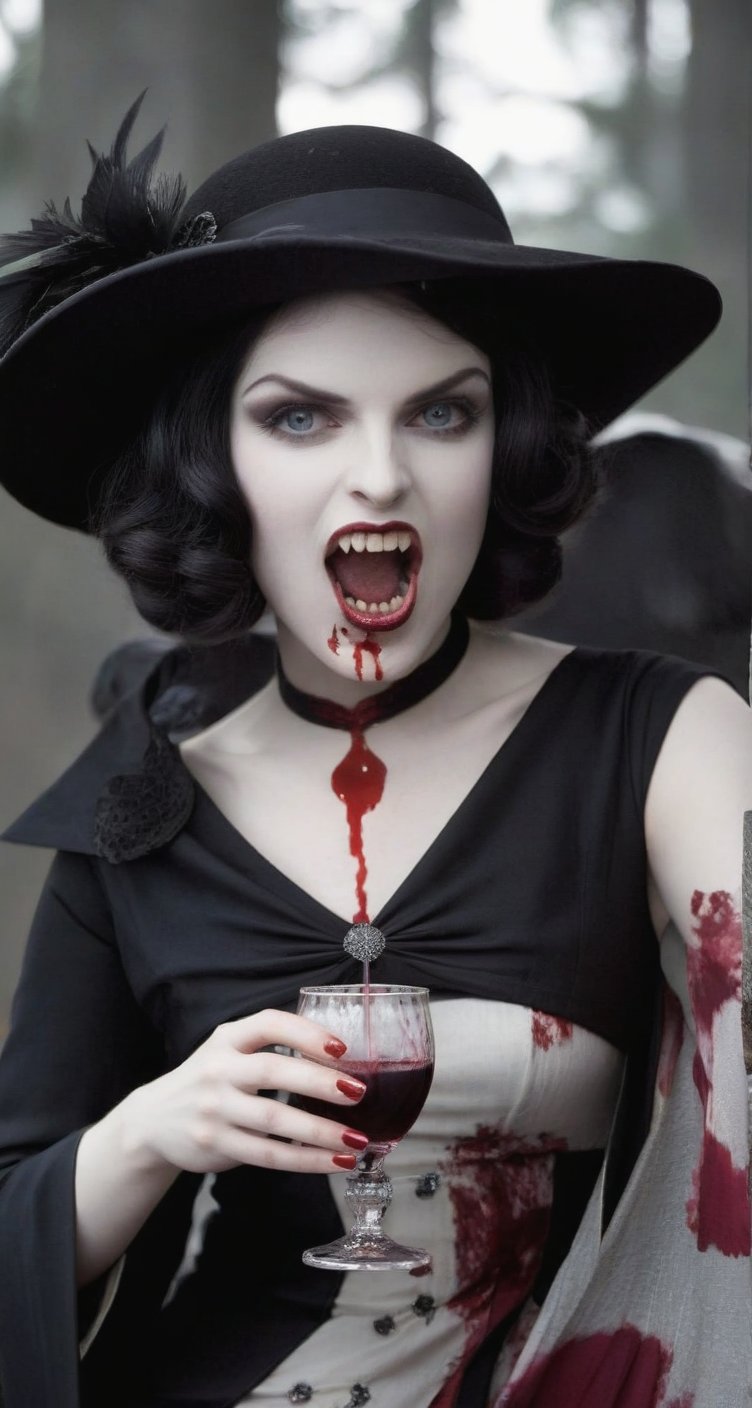 A young vampire woman from the 1920s, dressed party attire from that era with a provocative look. Her pale skin is juxtaposed by long, bloody fangs and crimson stains dripping down her chin, chest, and dress. She holds a goblet overflowing with a frothy beverage, her mysterious expression hinting at a dark secret. The image should be in black and white to better capture the look of the era.
