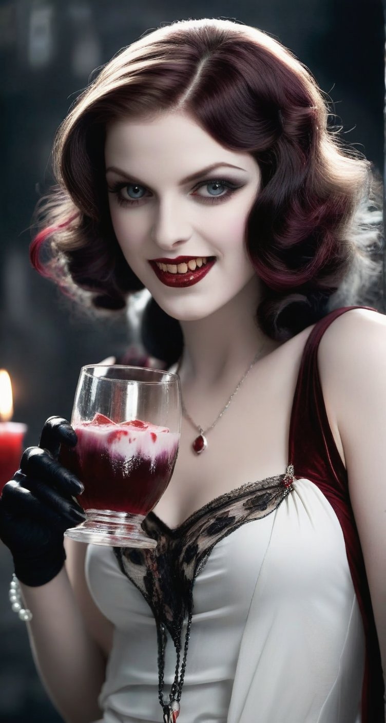 A young vampire woman from the 1920s, dressed party attire from that era with a provocative look. Her pale skin is juxtaposed by long, bloody fangs and crimson stains dripping down her chin, chest, and dress. She holds a goblet overflowing with a frothy beverage, her mysterious expression hinting at a dark secret. The image should be in black and white to better capture the look of the era.
