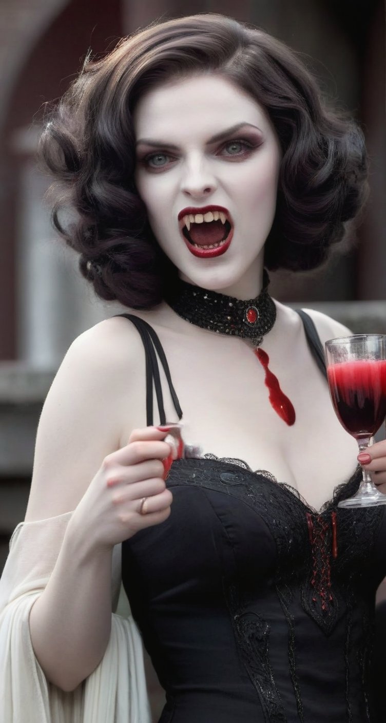 A young vampire woman from the 1920s, dressed party attire from that era with a provocative look. Her pale skin is juxtaposed by long, bloody fangs and crimson stains dripping down her chin, chest, and dress. She holds a goblet overflowing with a frothy beverage, her mysterious expression hinting at a dark secret. The image should be in black and white to better capture the look of the era.
