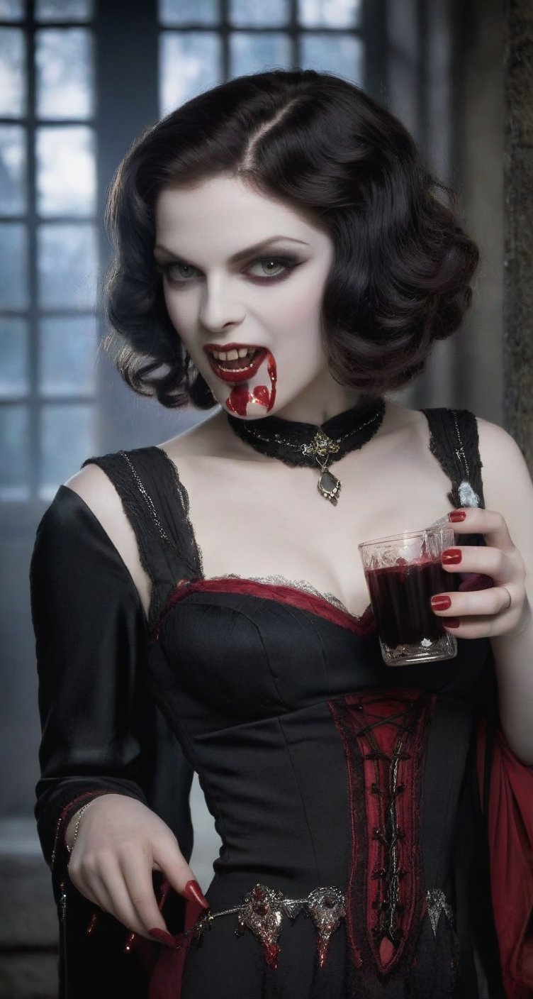 A young vampire woman from the 1920s, dressed party attire from that era with a provocative look. Her pale skin is juxtaposed by long, bloody fangs and crimson stains dripping down her chin, chest, and dress. She holds a goblet overflowing with a frothy beverage, her mysterious expression hinting at a dark secret. The image should be in black and white to better capture the look of the era.
