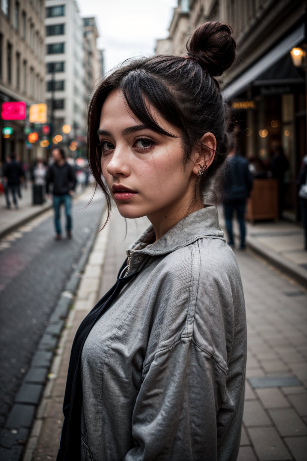 3d, beautiful, 1 girl, solo, highly detailed, streetside, footpath, photography, side face, Britisher, tied hairs, bun, cute face, bokeh, background blur, aesthetic oversized clothes, upper body, aesthetic photography, best quality, daylight, public place, natural, realistic, photorealistic,Extremely Realistic