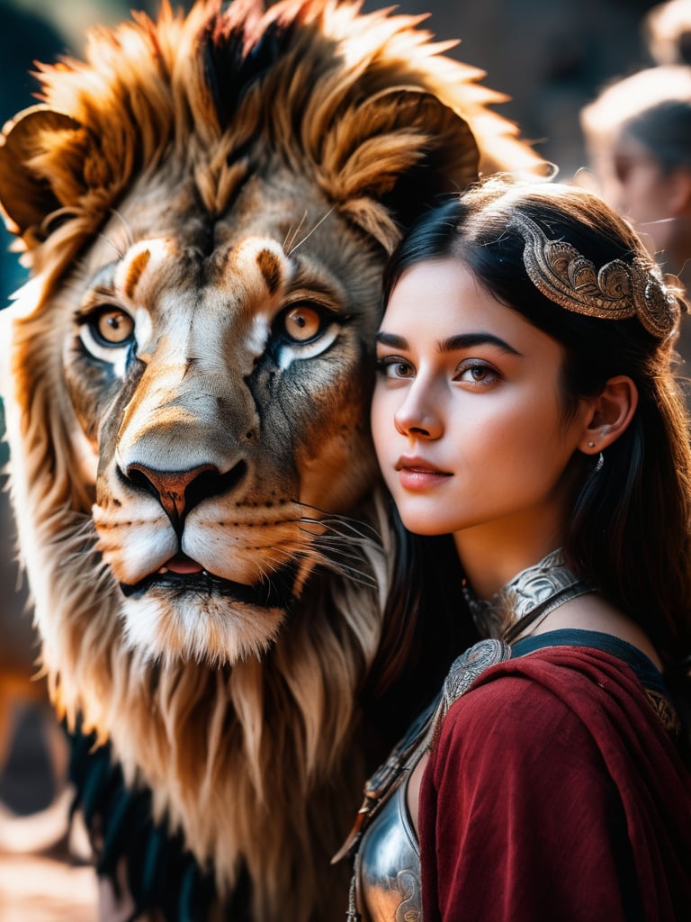 photo of  a girl with a lion, silver and red, hurufiyya, adventurecore, wood, caravaggism, beautiful,  dslr, 8k, 4k, ultrarealistic, realistic, natural skin, textured skin