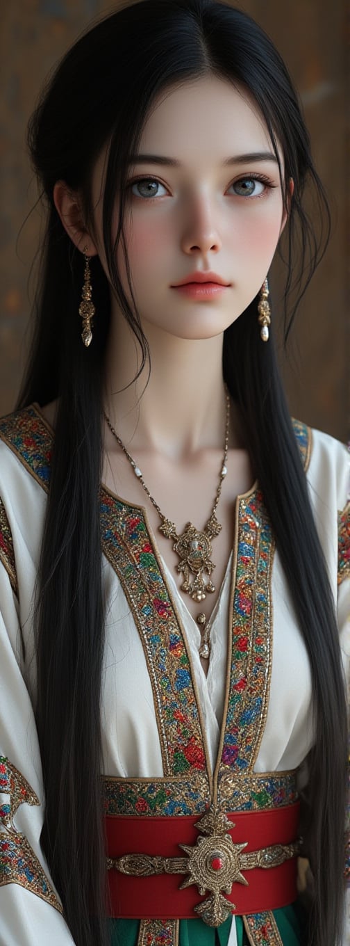 Super detailed, super realistic, beastly,beautiful Nordic girl,
 wears old folk costume, long straight black hair, Yakuts folk costume,(beautiful blue eyes), almond eyes, intricate textile decorated with colorful and intricate geometric patterns, arm ornamentation, decorative embroidery.
Beautiful crystal blue eyes, almond eyes, intricate fabrics decorated with colorful and intricate geometric patterns, clothes in earth colors such as White red and green,,aw0k euphoric style, ,perfect likeness of TaisaSDXL,dal,ct-identityV2,Adrr-tsfft