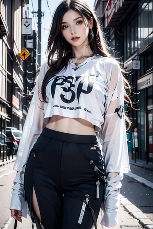 1girl,young white girl,hot top model,long blonde hair,wearing a white long oversize t shirt (t shirt only white color) and Acronym J36-S black pants and Acronym P30A-DS and black and white sneakers,in city,instagram model,80mm,urban techwear,blurry_light_background,tattoo,nipple piercing,girl