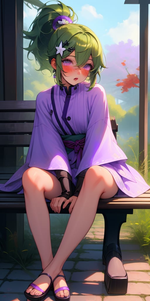 masterpiece, ultra detailed, high quality, 1girl, (blush, red face, parted lips), detailed lips, sitting in bench, (solo), wide shot, scenery, full body, Kuki Shinobu, green hair, hair between eyes, ponytail, short hair, (purple eyes:1.1), hair ornament, kukishinoburnd,Detailedface