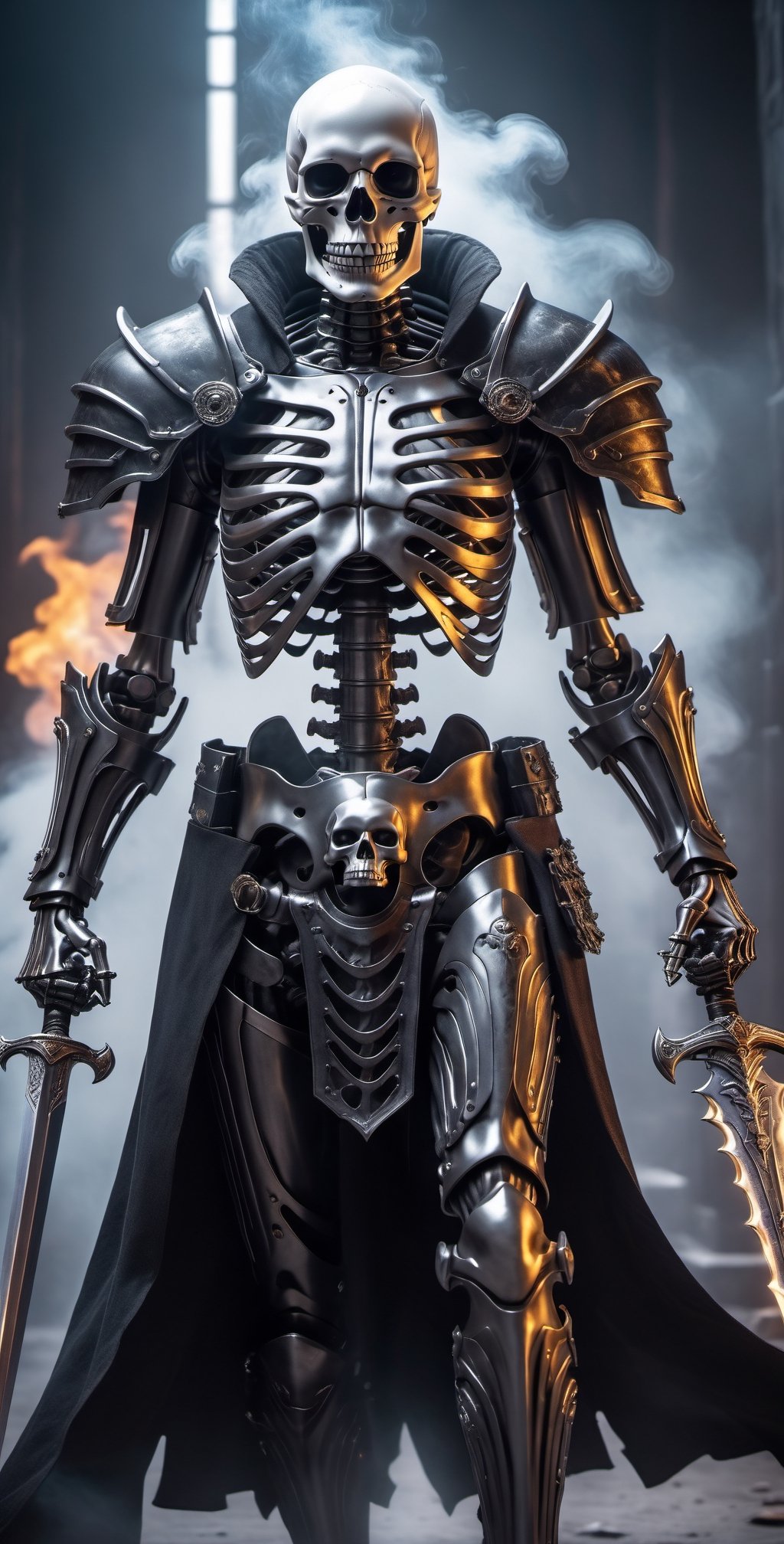 A Skeleton wearing dark warn out Armor holding dark skull sword, using black magic surrounded by Black smoke evil smile burning eyes Gothic Horror Fantasy, cyborg style,6000,cyberpunk style,cyborg, scary eyes