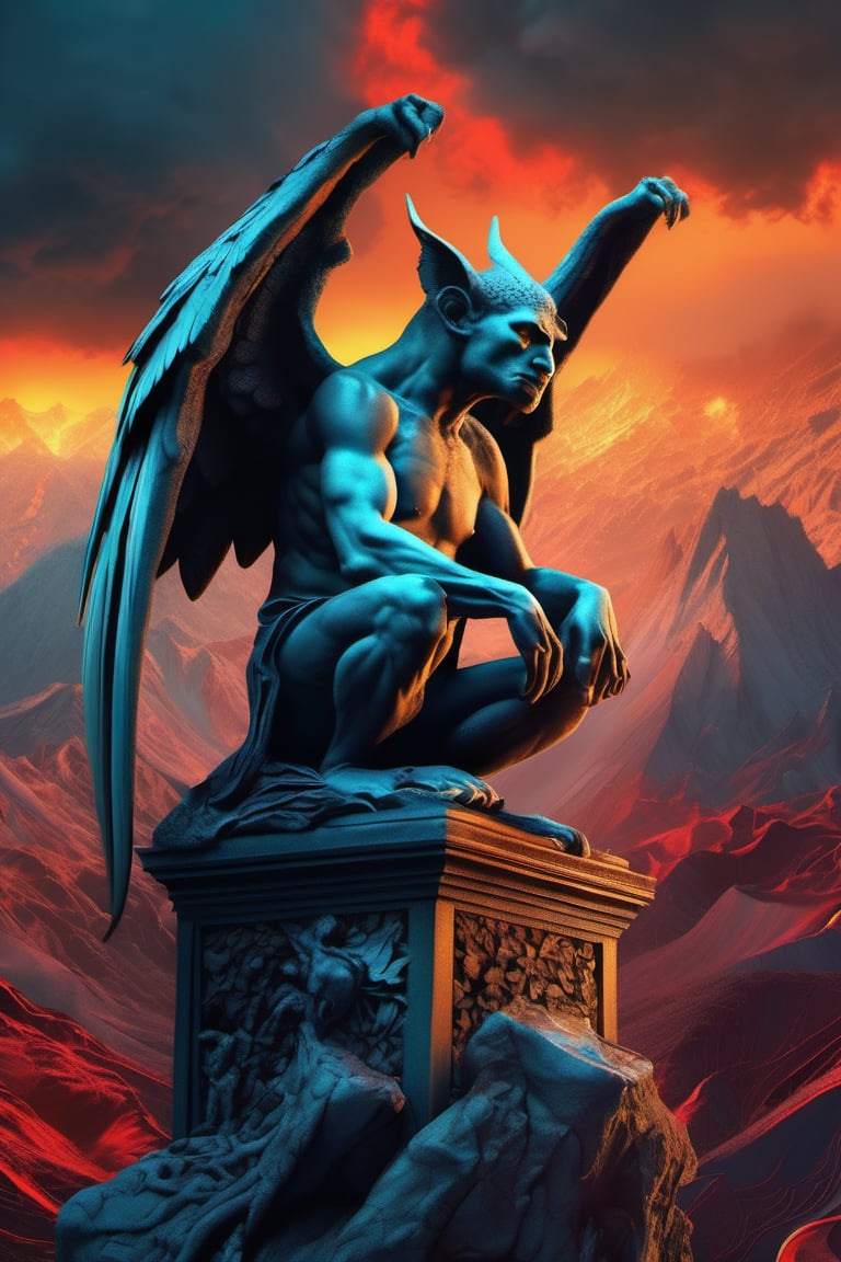 GARGOYLE sitting over the mountains in the thinker pose with wings, fantasy art, concept art, surrealism, renaissance painting, space, cosmic, hell, dark colorful, thunderstorm, lava, mysterious, entangled, vibrant, rococo, hyperrealism, flemish baroque, glowing neon Alberto Seveso, Igor Morski, Beksinski, Picasso, Broken t, maze Background, Stunning, Something That Even Doesn't Exists"", ultra hd, realistic, vivid colors, highly detailed, UHD drawing, pen and ink, perfect composition, beautiful detailed intricate insanely detailed octane render trending on artstation, 8k artistic photography, photorealistic concept art, soft natural volumetric cinematic perfect light,Movie Still,Film Still,greg rutkowski