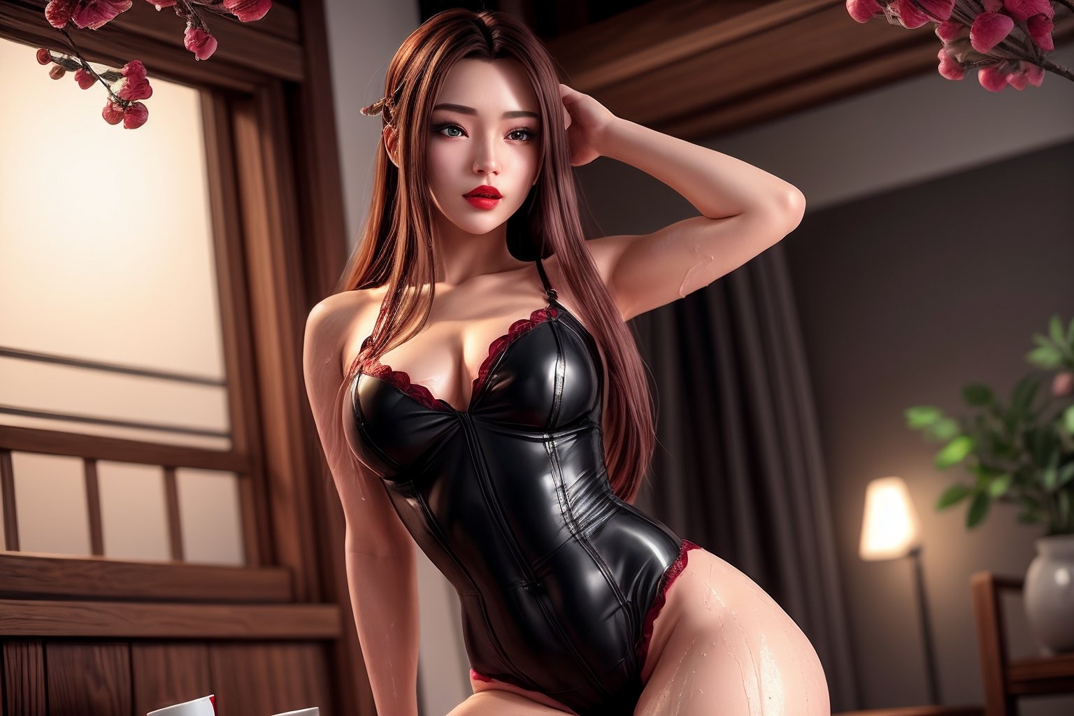 realistic, detailed face, sexy face, unity 8k wallpaper, solo, ultra detailed, beautiful and aesthetic, beautiful, masterpiece, best quality, (photorealistic:1.3), (realskin:1.3),(1girl, 18 y.o. gorgeous and beautiful sexy korean women:1.1), (kpop idol, korean/asian mixed), arms crossedunder breasts, sexy dark maroon lengerie, smooth tight lengerie, revealing, black pantyhose, black thigh high boots, blush, makeup, red lips, black eye liner, seductive, beautiful eyes, long auburn hair, long hair down to waist, full body shot, curvy breats, curvy hips, small waist, japaneese tea garden, under a pink glowing cherry blossum tree, pink leaves falling, sun setting, dynamic lighting, medium breasts, bust exposed, sexy lips, horny look, seductive, sexual, raining lightly, wet clothes, wet body, dark background, dynamic lighting, one hand through hair, seductive look, seducing, ,Photo realistic ,breast carry,undersized clothes,adjusting hair,1girl