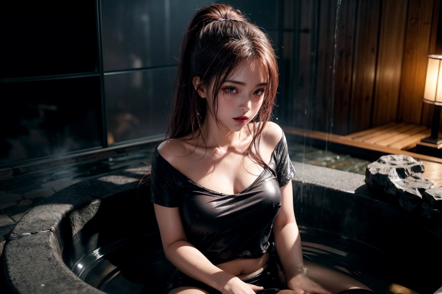 holding her breast, carressing her breasts, bitting on her bottom lip, upper half of girl, top of girl, bottom half of girl under the water,  close up, bust shot, sitting in deep water, night time, moonlight, sitting in a sauna, zen garden, steamy atmoshpere, misty atmosphere, sitting in deep water, chest deep in water, Makima, best quality, ultra detailed, (1girl), shower, showering outside, misogi shower,  leaning back, getting soaked, a lot of water falling on top of her head, water falling on her shoulders, solo, close up shot, front shot, water falling all over body, water showering all over body, water splashing on her from above, orgasim, holding her breast with one hand, steamy and wet autmosphere, foggy and misty, water running down her face, water running down breasts, bust exposed, wet body, oily body, wet hair, soaked hair, auburn long hair, long hair down to mid back, hazel green eyes, long bangs cover part of her face, detailed eyes, detailed face, dark red lips, black eye liner, blush, medium breasts, white shirt, wet shirt, seethrough shirt,  off sholder shirt,   see-through sexy shirt, sexy open button shirt, shirt falling off shoulder, busty shirt, small / black / cute chocker around neck, gazing at camera, seducing smile, sendual, looking at viewer, horny look, seductive eyes, sexual eyes, mouth open seductively, horny, (interview:1.3), (dark background,), beautiful, masterpiece, best quality, shiny skin, front shot, bust, looking at camera seductively, 8k, moonlight, wet body, wet hair, horny look, pulling shirt off shoulder, fuck me look, horny, seductivly, raining outside, ,intheshower, ultra high res, 8k, bitting one finger, no waist, no legs, no feet, sitting in deep water, chest deep in water, soaked, 