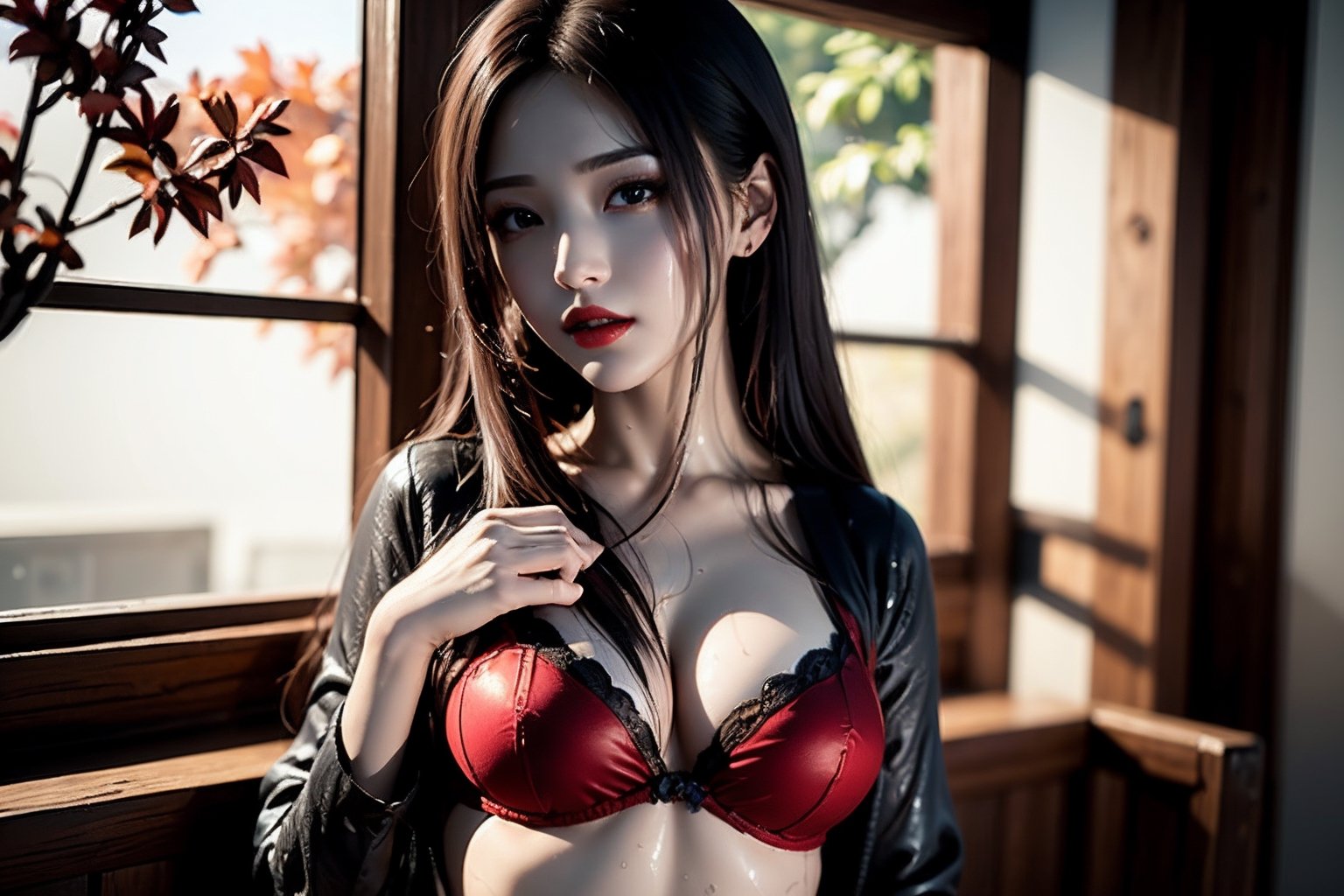 realistic, detailed face, sexy face, unity 8k wallpaper, solo, ultra detailed, beautiful and aesthetic, beautiful, masterpiece, best quality, (photorealistic:1.3), (realskin:1.3),(1girl, 18 y.o. gorgeous and beautiful sexy korean women:1.1), (kpop idol, korean/asian mixed), arms crossedunder breasts, sexy dark maroon lengerie, smooth tight lengerie, revealing, black pantyhose, black thigh high boots, blush, makeup, red lips, black eye liner, seductive, beautiful eyes, long auburn hair, long hair down to waist, full body shot, curvy breats, curvy hips, small waist, japaneese tea garden, under a pink glowing cherry blossum tree, pink leaves falling, sun setting, dynamic lighting, medium breasts, bust exposed, sexy lips, horny look, seductive, sexual, raining lightly, wet clothes, wet body, dark background, dynamic lighting, one hand through hair, seductive look, seducing, ,Photo realistic ,breast carry,undersized clothes,adjusting hair,1girl