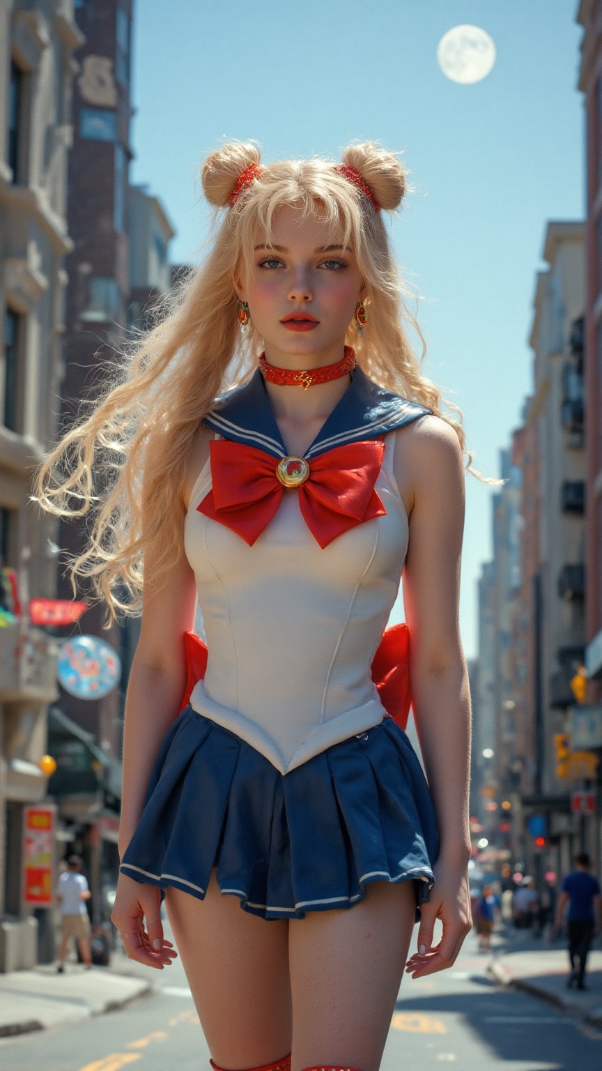 A beautiful young woman dressed in an intricately detailed Sailor Moon cosplay, standing confidently in a bright, ethereal environment. Her long, flowing blonde hair is styled in perfect twin odango buns, with cascading waves down her back. She wears the iconic Sailor Moon uniform, featuring a white fitted bodice with a navy blue collar, a short blue pleated skirt, red bow at the chest, and knee-high red boots. Her accessories, such as her tiara and crescent moon earrings, glimmer in soft ambient lighting. The backdrop is a dreamy pastel cityscape with a full moon hanging high in the sky, casting a gentle glow over the scene. The mood is magical and nostalgic, with vibrant colors and fine detailing on her costume, creating an almost lifelike realism.,Midjourney_Whisper,vntgfnts style,low quality 1980 movie screengrab,lowres,cinematic,film grain,blurry