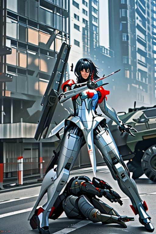 mach robot, 2 girl fighting in a city,BTR-80,Mecha,mecha