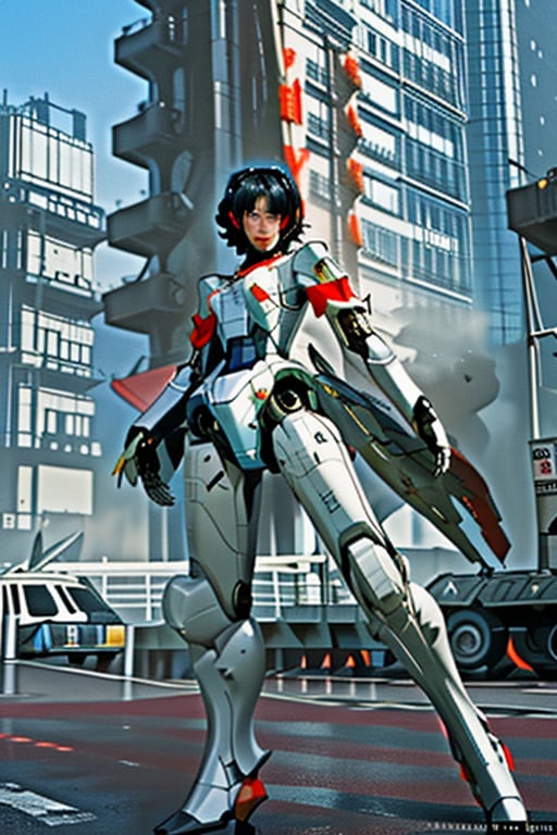 mach robot, 2 girl fighting in a city,BTR-80,Mecha,mecha