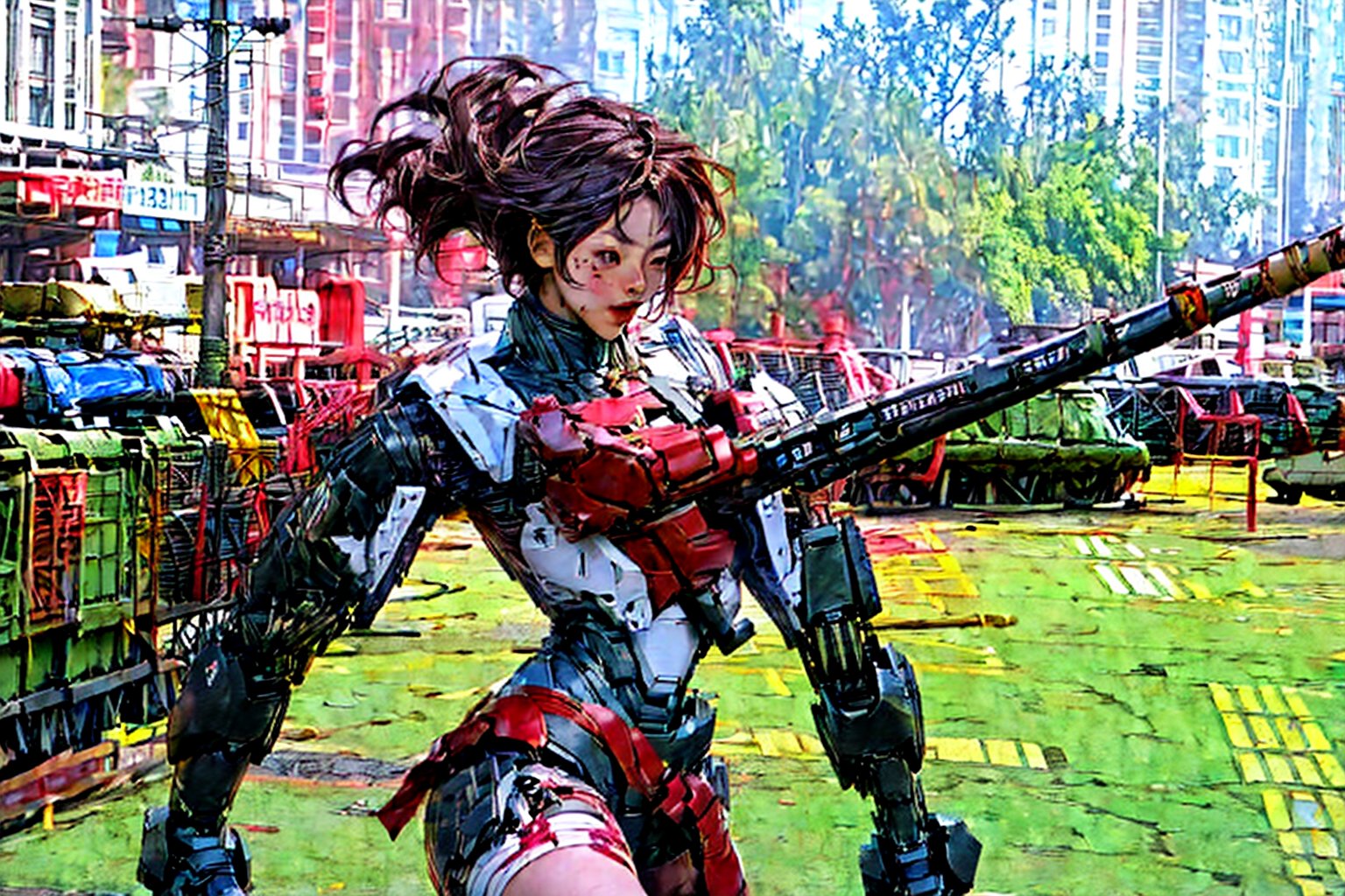 2 fighting mach robot, 3 sexy asia girl fighting in a city,BTR-80,Mecha,mecha,yofukashi background,oboro, ,mtu virus,RIBBON BANDAGE,F-22,T-90M,mature female