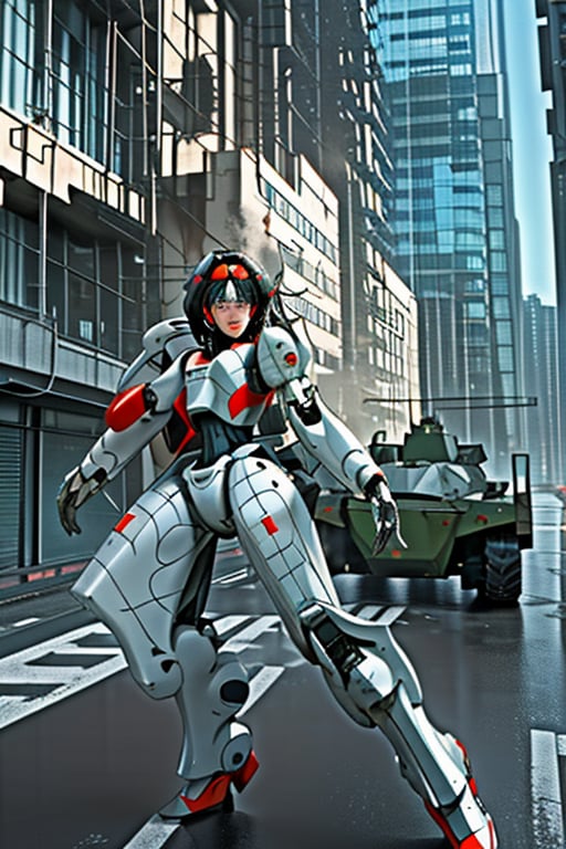 mach robot, 2 girl fighting in a city,BTR-80,Mecha,mecha