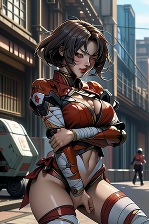 2 fighting mach robot, 3 sexy asia girl fighting in a city,BTR-80,Mecha,mecha,yofukashi background,oboro, ,mtu virus,RIBBON BANDAGE