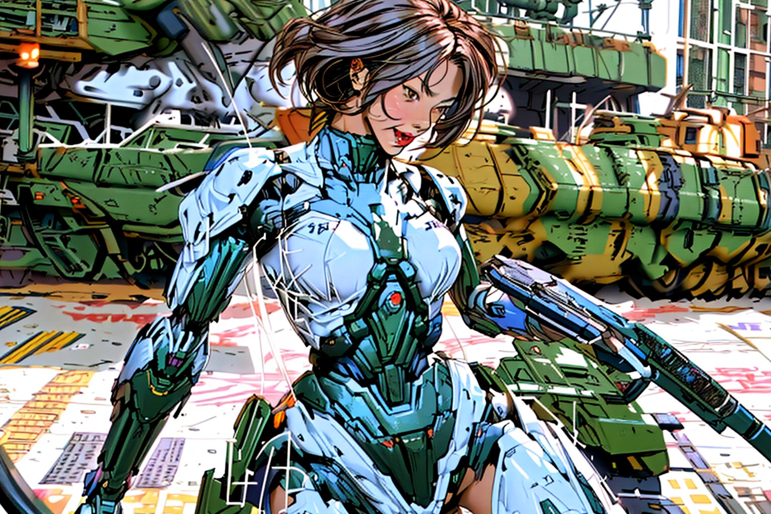 2 fighting mach robot, 3 sexy asia girl fighting in a city,BTR-80,Mecha,mecha,yofukashi background,oboro, ,mtu virus,RIBBON BANDAGE,F-22,T-90M,mature female,gun