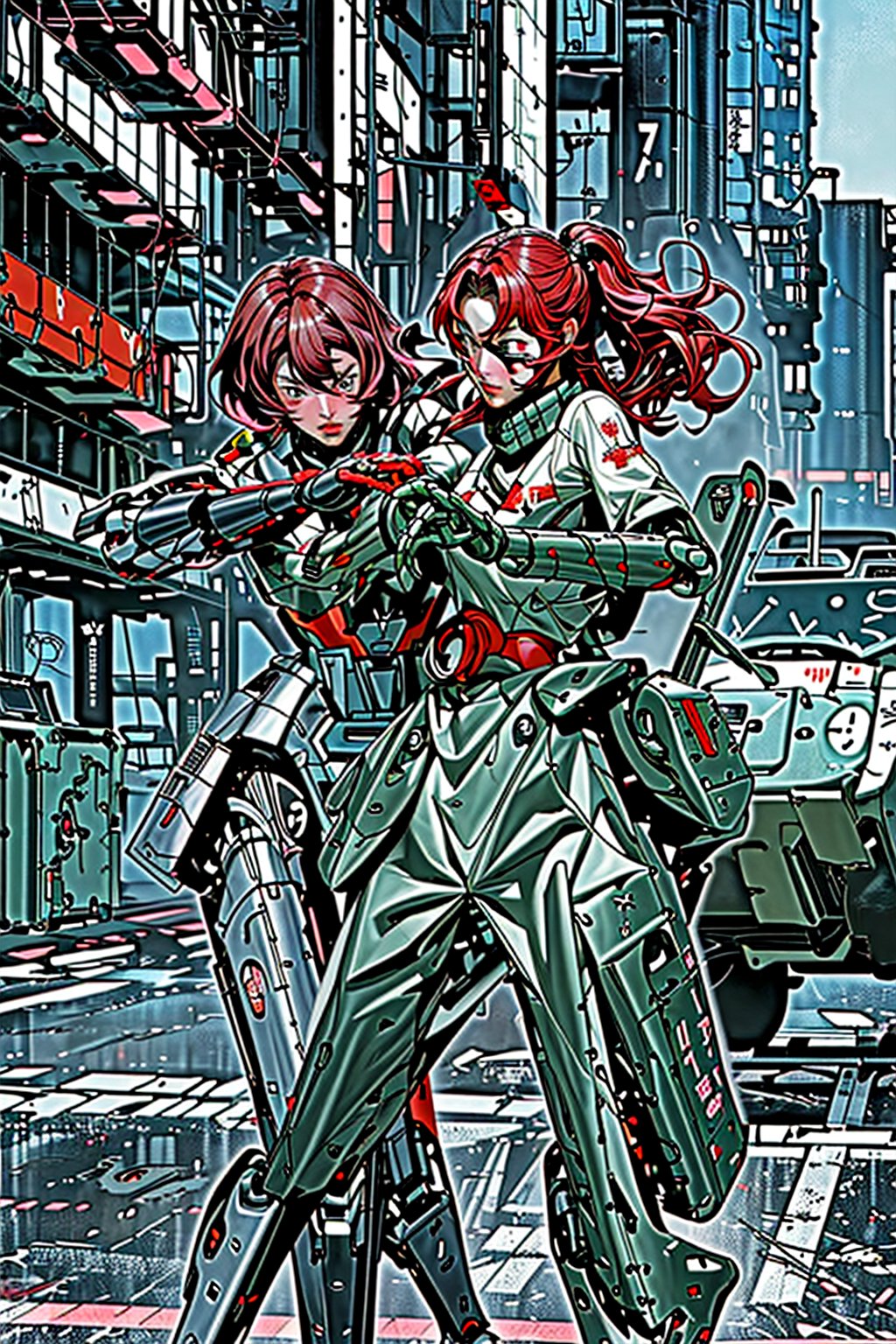 mach robot, 2 girl fighting in a city,BTR-80,Mecha,mecha,yofukashi background