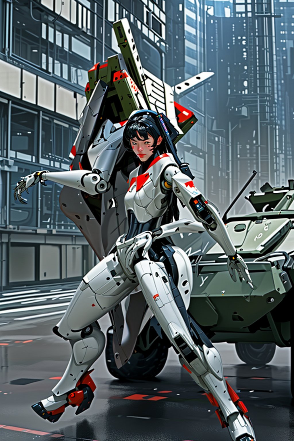 mach robot, 2 girl fighting in a city,BTR-80,Mecha,mecha