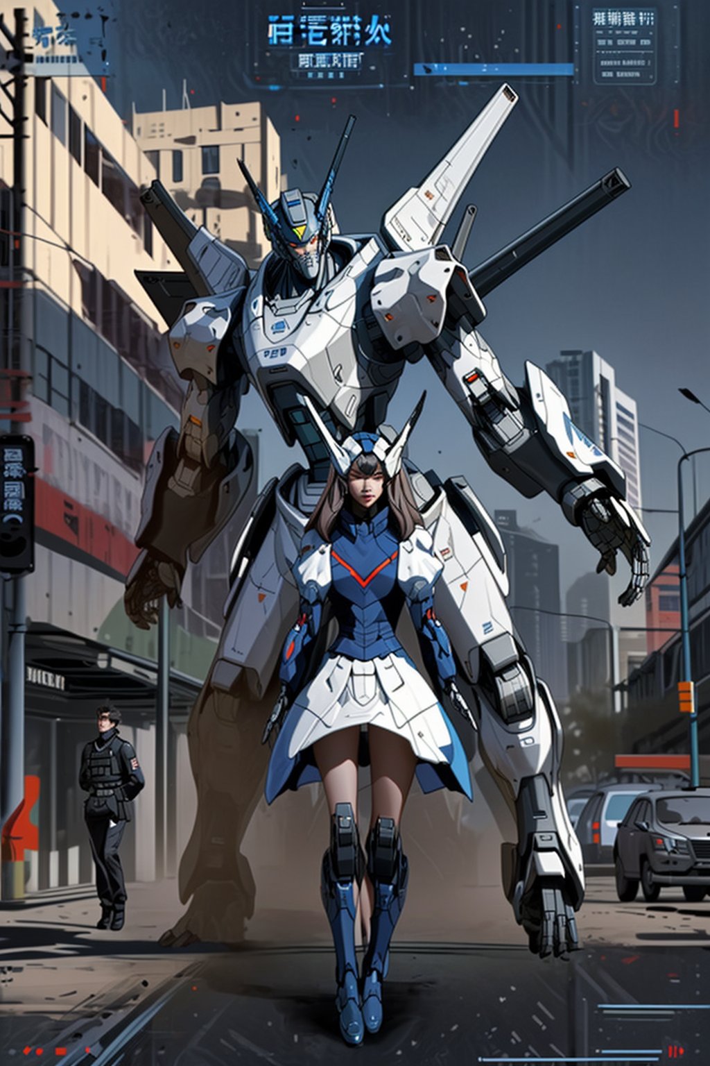 mach robot, 2 girl fighting in a city,BTR-80,Mecha