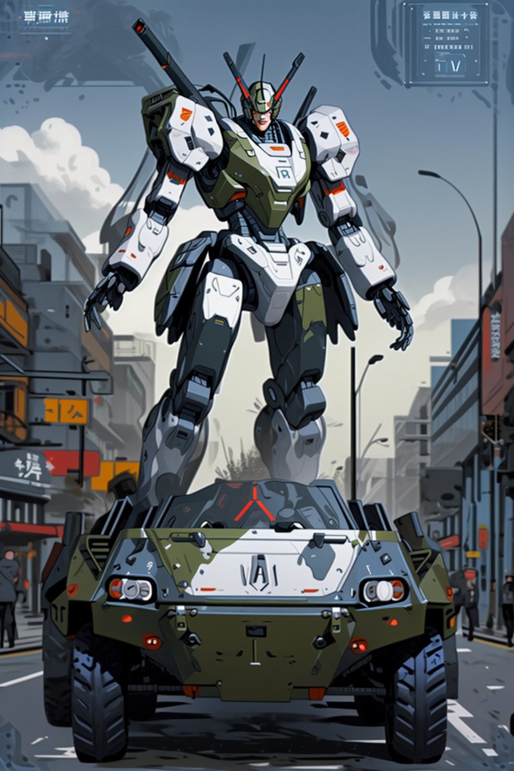 mach robot, 2 girl fighting in a city,BTR-80,Mecha