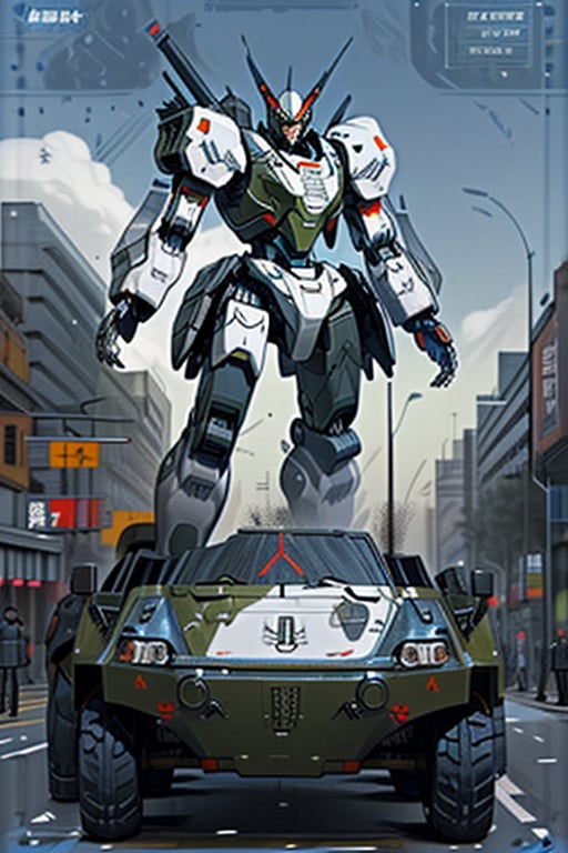 mach robot, 2 girl fighting in a city,BTR-80,Mecha