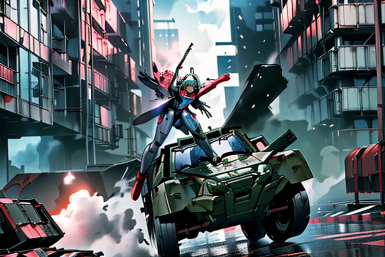 mach robot, 3 girl fighting in a city,BTR-80,Mecha,mecha,yofukashi background