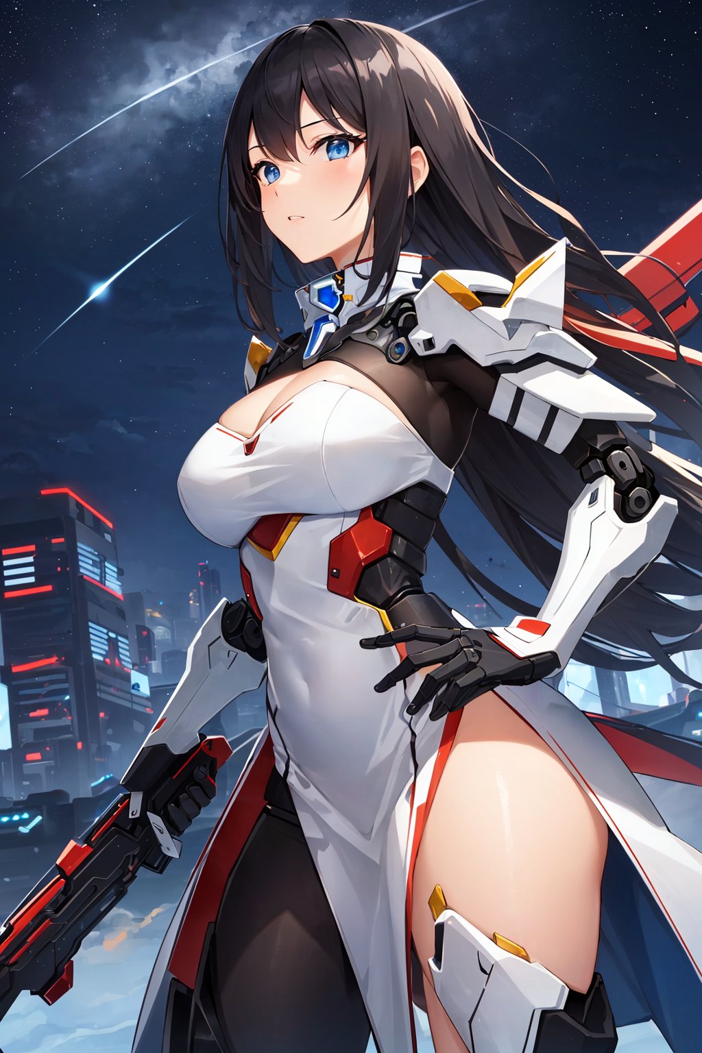 (masterpiece:1.4, best quality), (intricate details), unity 8k wallpaper, ultra detailed, intricate details, super complex details, ((2people)), (sexygirl asian_standing_beside_robot:1.2), asia girl, (perfect detailed face, detailed eyes, white dress,holding weapon),
BREAK
robot, (giant mecha, red and black armor, blue eyes, holding rifle), starry sky, skyline, Mecha