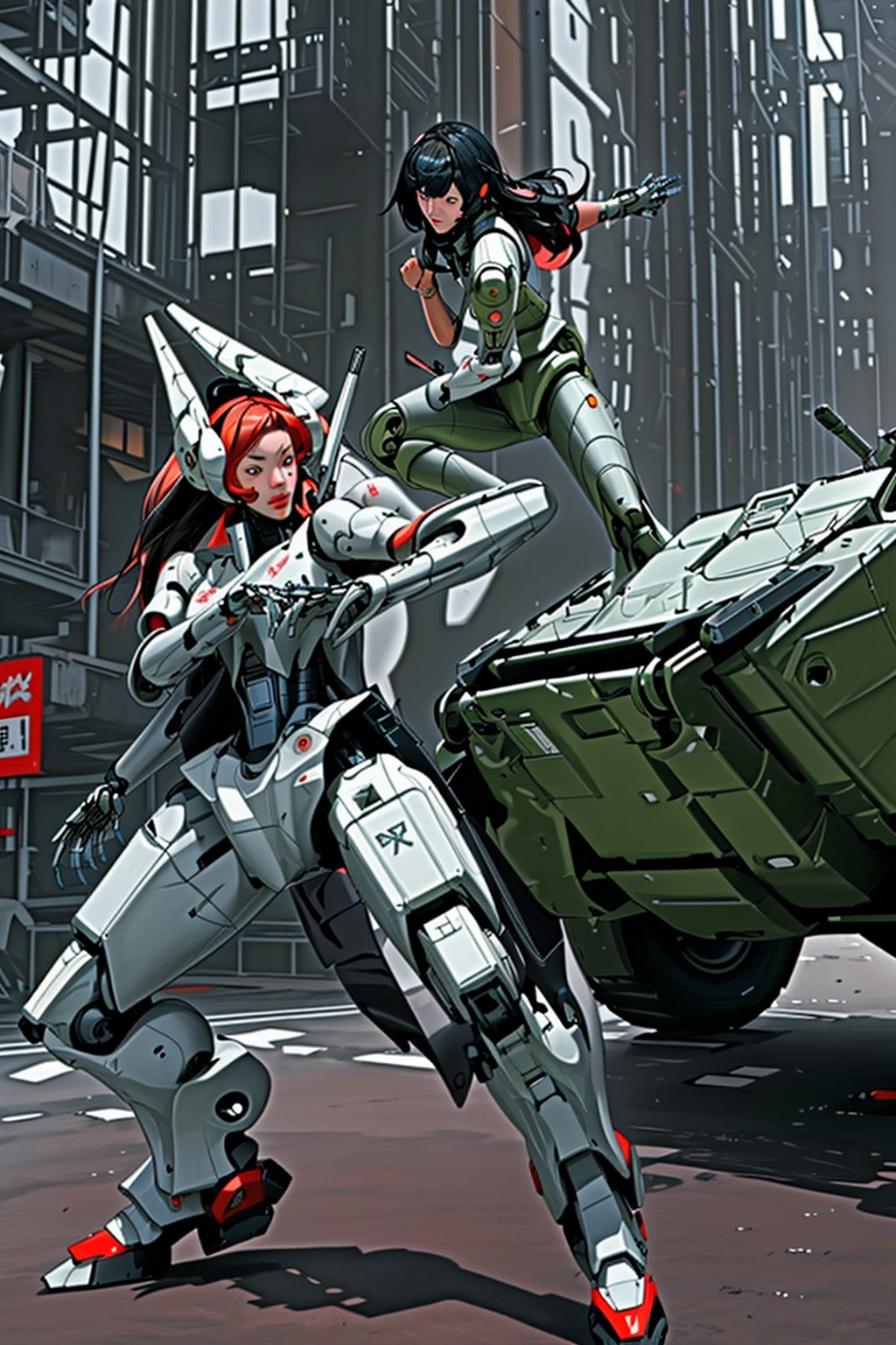 mach robot, 2 girl fighting in a city,BTR-80,Mecha,mecha