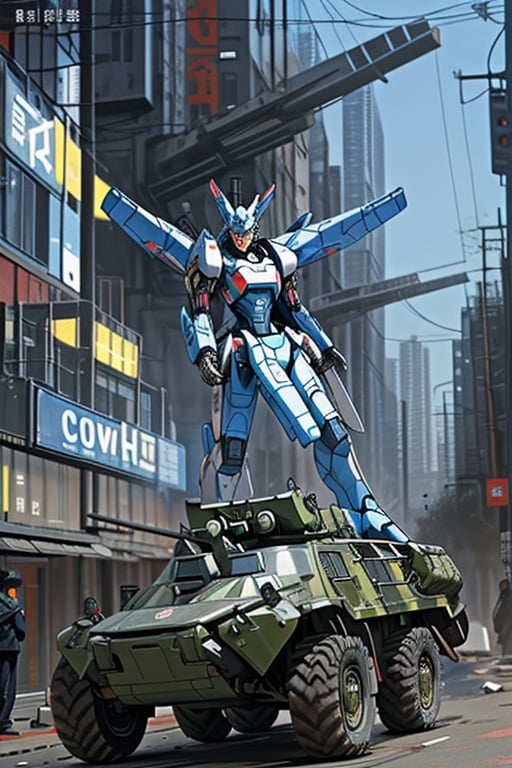 mach robot, 2 girl fighting in a city,BTR-80,Mecha