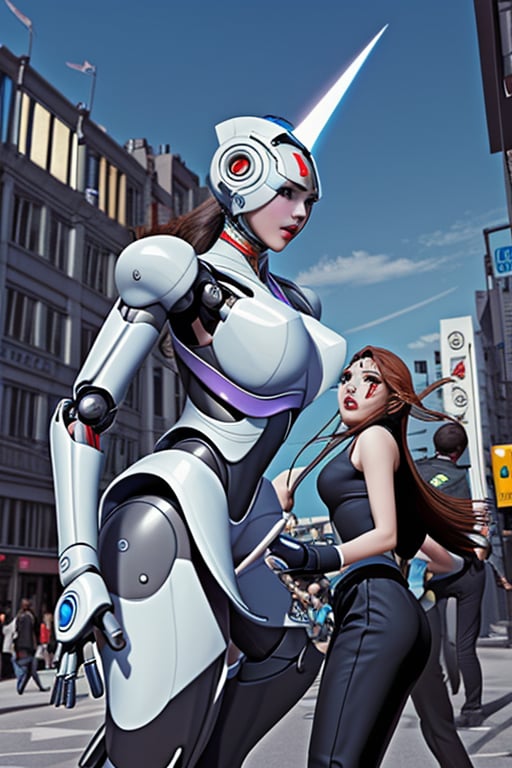 mach robot, 2 girl fighting in a city